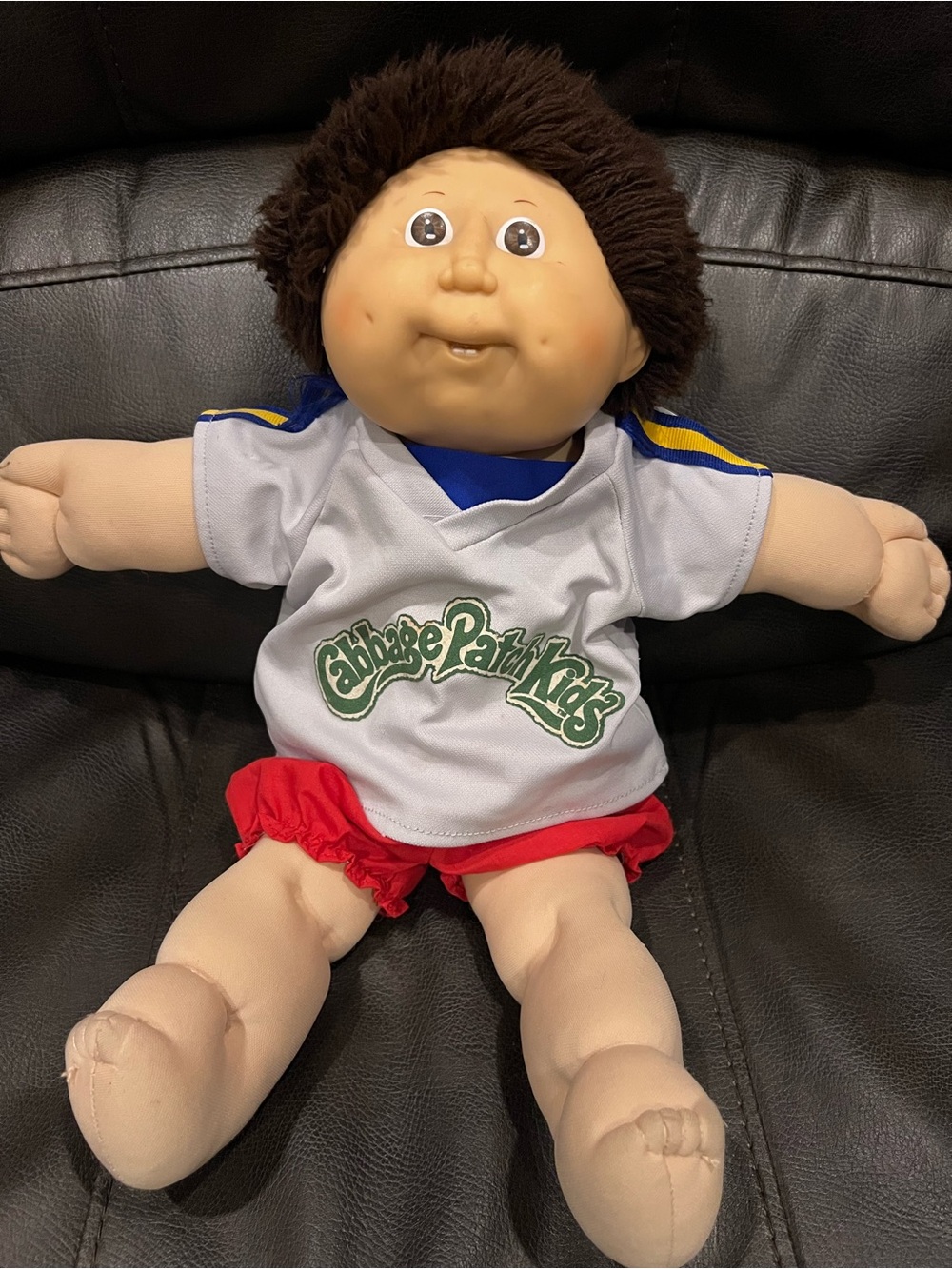 Vintage 1986 Cabbage Patch Kids Boy Doll Brown Hair Baseball Uniform #10 Sign